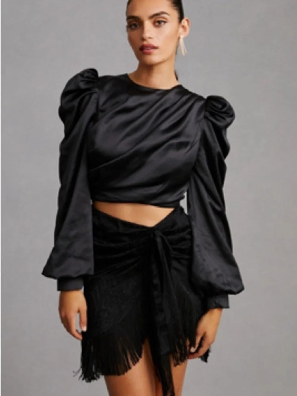 ANTHROPOLOGIE MARE MARE Black Satin Puff Sleeve Crop Top Size XS